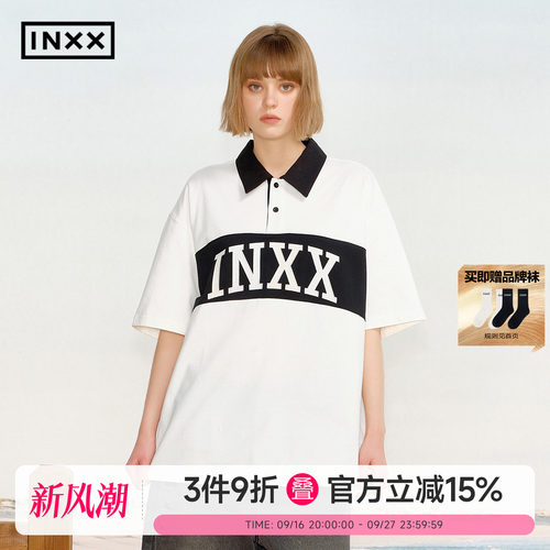 INXX青春学院风撞色POLO衫男字母印花翻领短袖T恤上衣情侣装