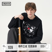 水墨涂鸦宽松圆领上衣情侣 T恤男女同款 INXX美式 休闲风落肩袖
