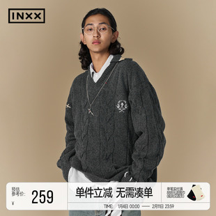 INXX复古学院风徽章刺绣V领毛衫美式休闲宽松情侣款针织衫