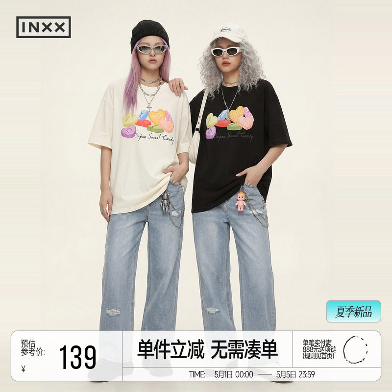 INXX简约235g重磅纯棉T恤糖果印花短袖男女黑白百搭宽松圆领上衣