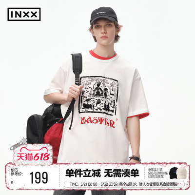 INXXMASTER 美式休闲刺绣短袖T恤男女2026夏季冲霄汉植绒印花上衣