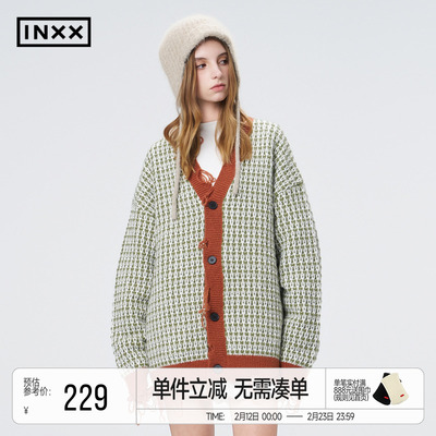 INXX潮流复古街头感针织开衫男女同款撞色格纹设计感毛衣外套