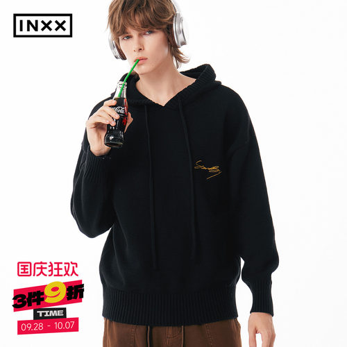 INXX Standby 花体LOGO刺绣连帽针织衫男复古宽松套头毛衣情侣