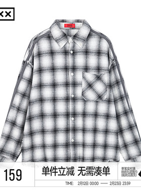 INXX美式复古撞色格子衬衫男时尚宽松bf风休闲衬衣情侣装