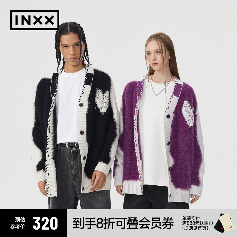 INXXAPYD 明星同款慵懒复古毛衣拼色爱心提花针织衫外套情侣