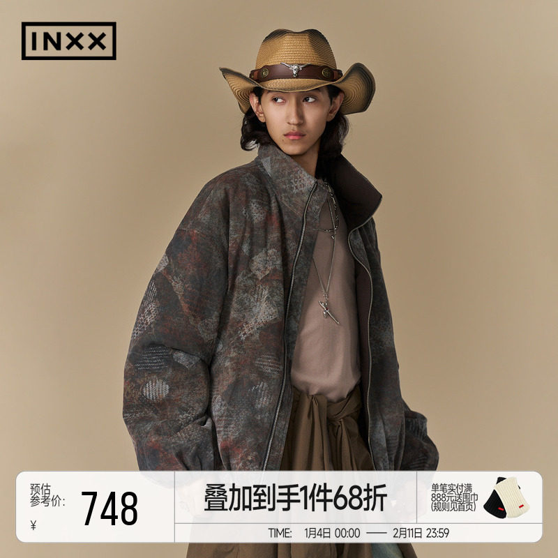INXX复古提花时尚立领羽绒服冬季新款设计感短款鸭绒保暖外套