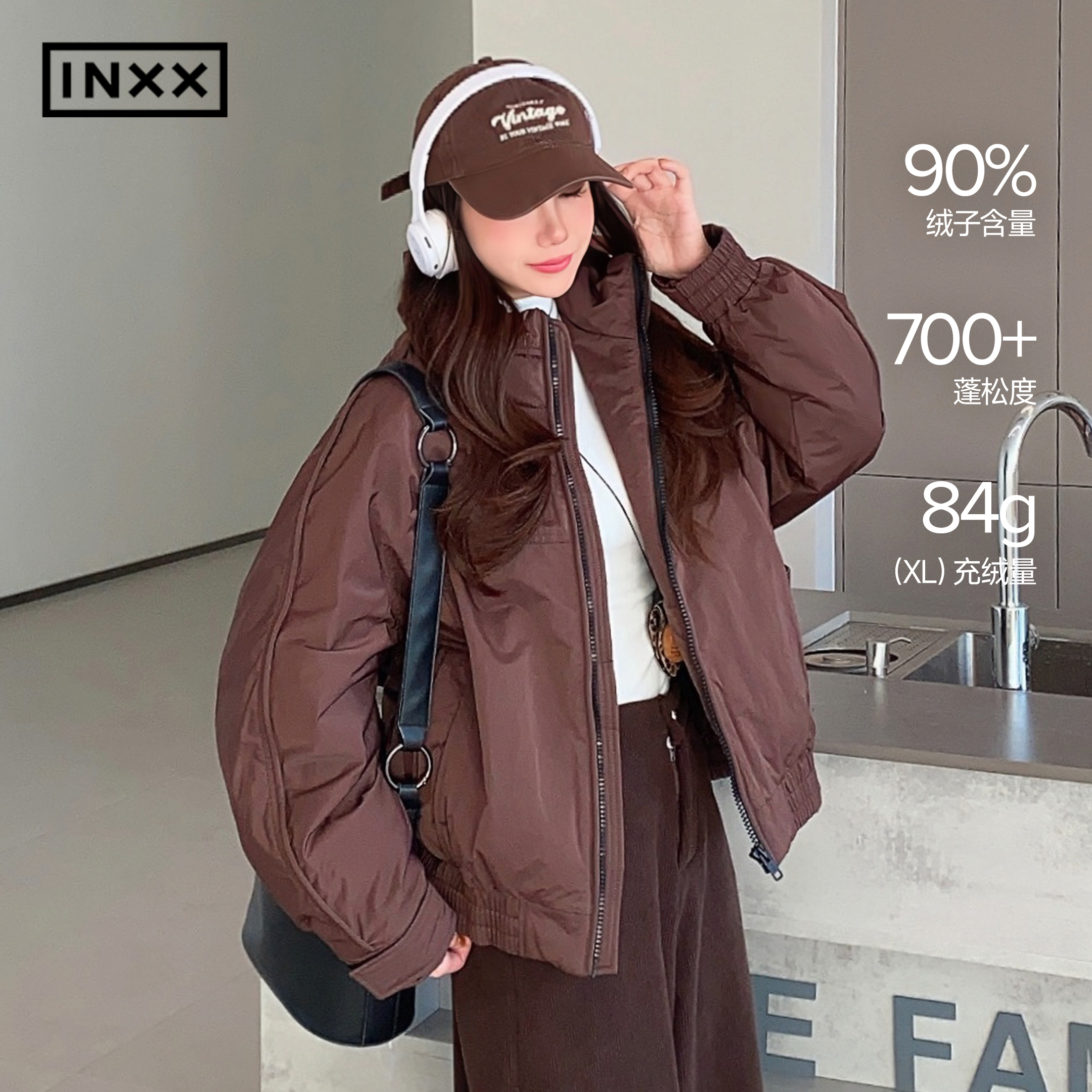 INXX冬季休闲宽松鸭绒短款羽绒服男女可调解袖口保暖夹克外套