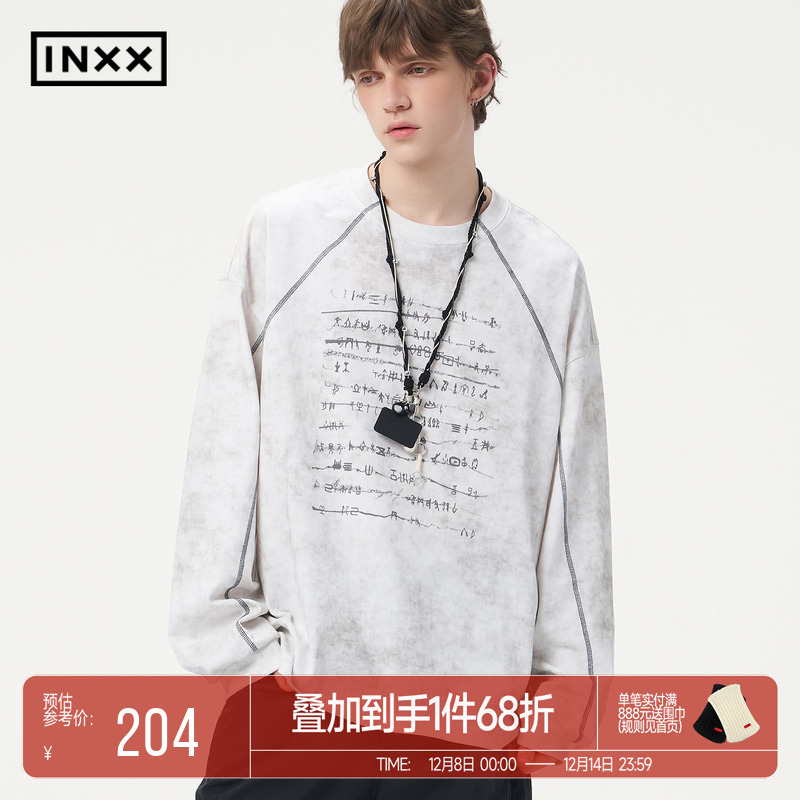 INXX复古仿蜡染长袖T恤男女甲骨文元素印花插肩袖上衣情侣装