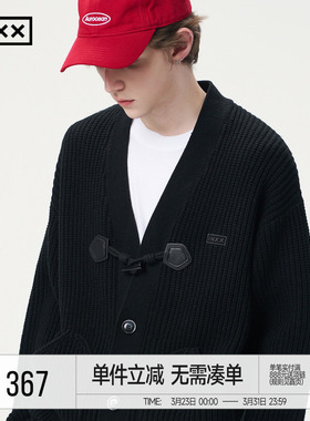 INXX简约黑色V领针织衫男学院风牛角扣设计宽松开衫毛衣情侣