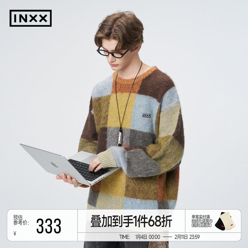 INXX复古慵懒杂花长毛马海毛毛衣男女同款潮流英伦格子针织衫