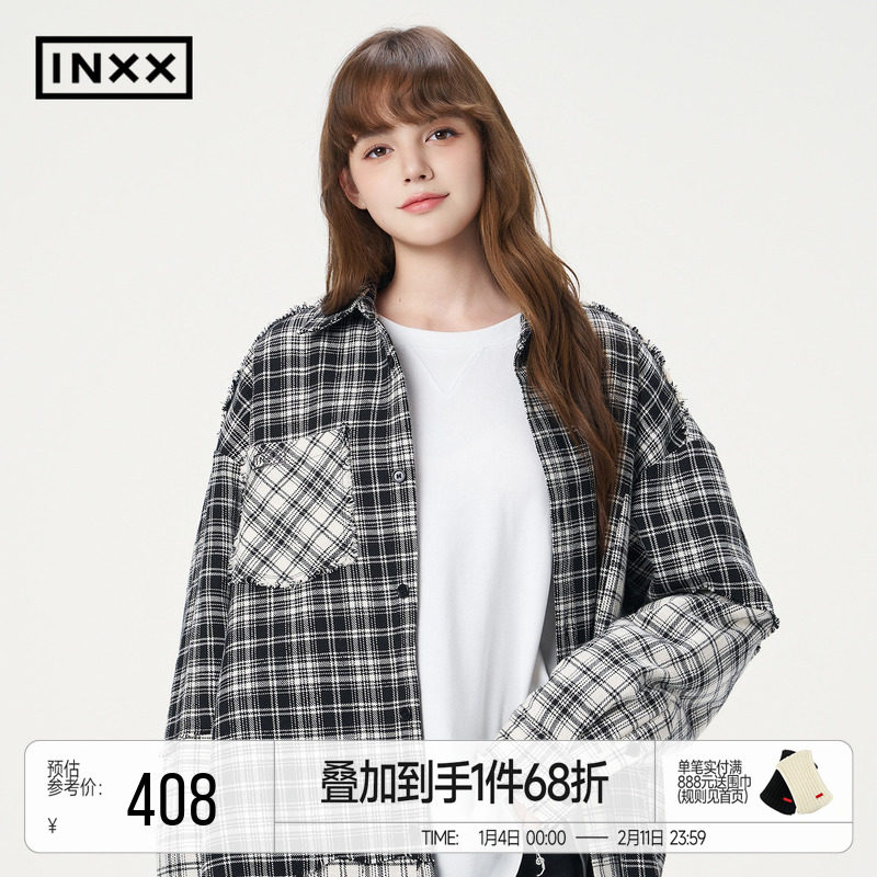 明星同款 INXX美式宽松保暖不对称格纹拼接刺绣夹棉外套男女同款