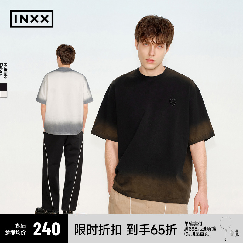 【INXX】仿旧渐变喷色短袖T恤男宽松设计感圆领上衣复古五分袖女