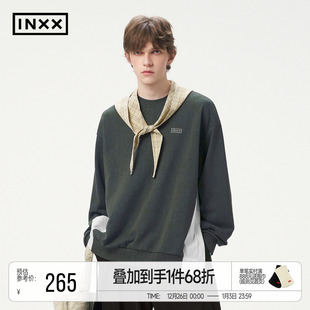 INXX复古蜡染仿水洗套头卫衣拼接圆领休闲宽松绣花情侣上衣