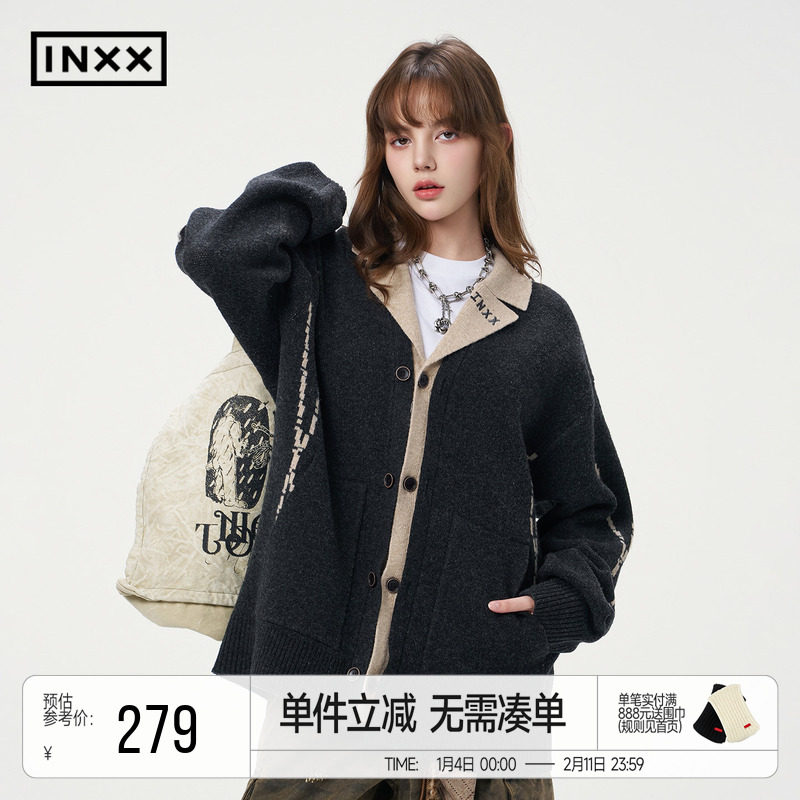 INXX美式复古针织衫男女同款撞色假两件翻领设计开衫毛衣情侣