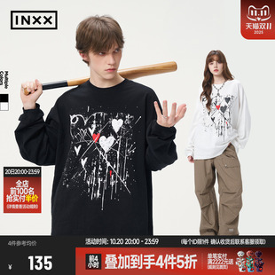 T恤男女同款 休闲风落肩袖 美式 水墨涂鸦宽松圆领上衣情侣 INXX