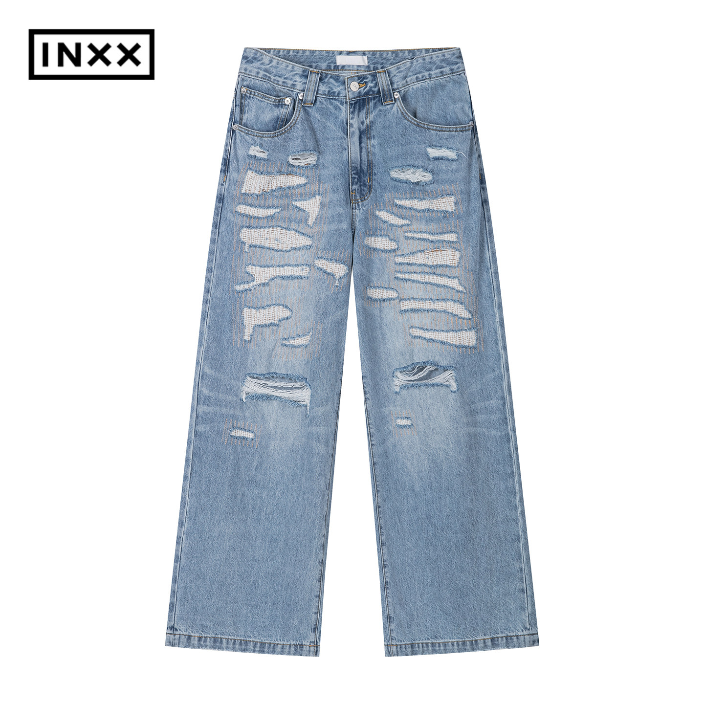 INXX洗褪猫须磨破垫布乱针绣牛仔长裤男女同款XWF3221097
