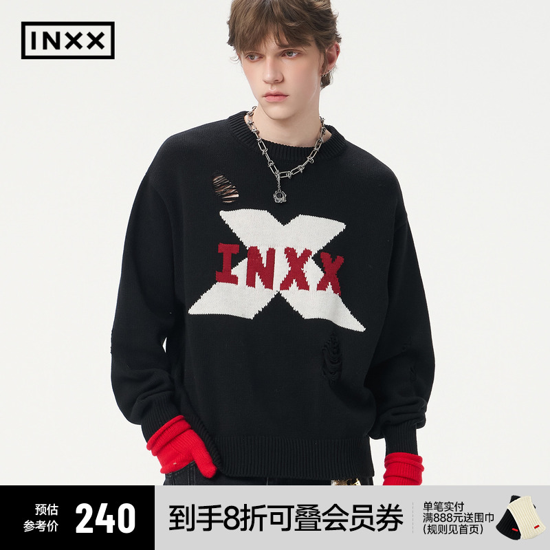 INXX潮牌手绘字母图案针织衫男破洞设计圆领套头毛衣女情侣