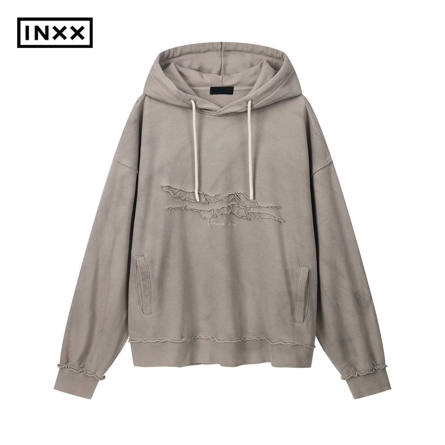 INXX做旧风洗水连帽卫衣男毛边磨破设计刺绣上衣女XBF3101229