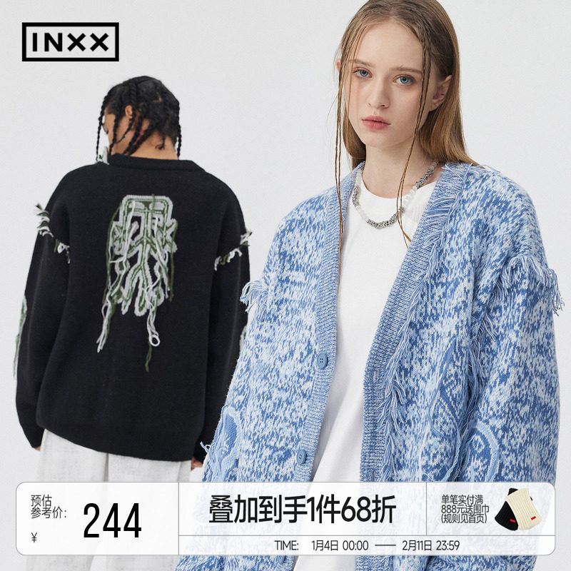 INXXAPYD 甲骨文提花V领针织衫开衫男女同款流苏拼接毛衣潮,男装,针织衫/毛衣,淘宝优惠券,粉丝福利购,淘宝优惠卷