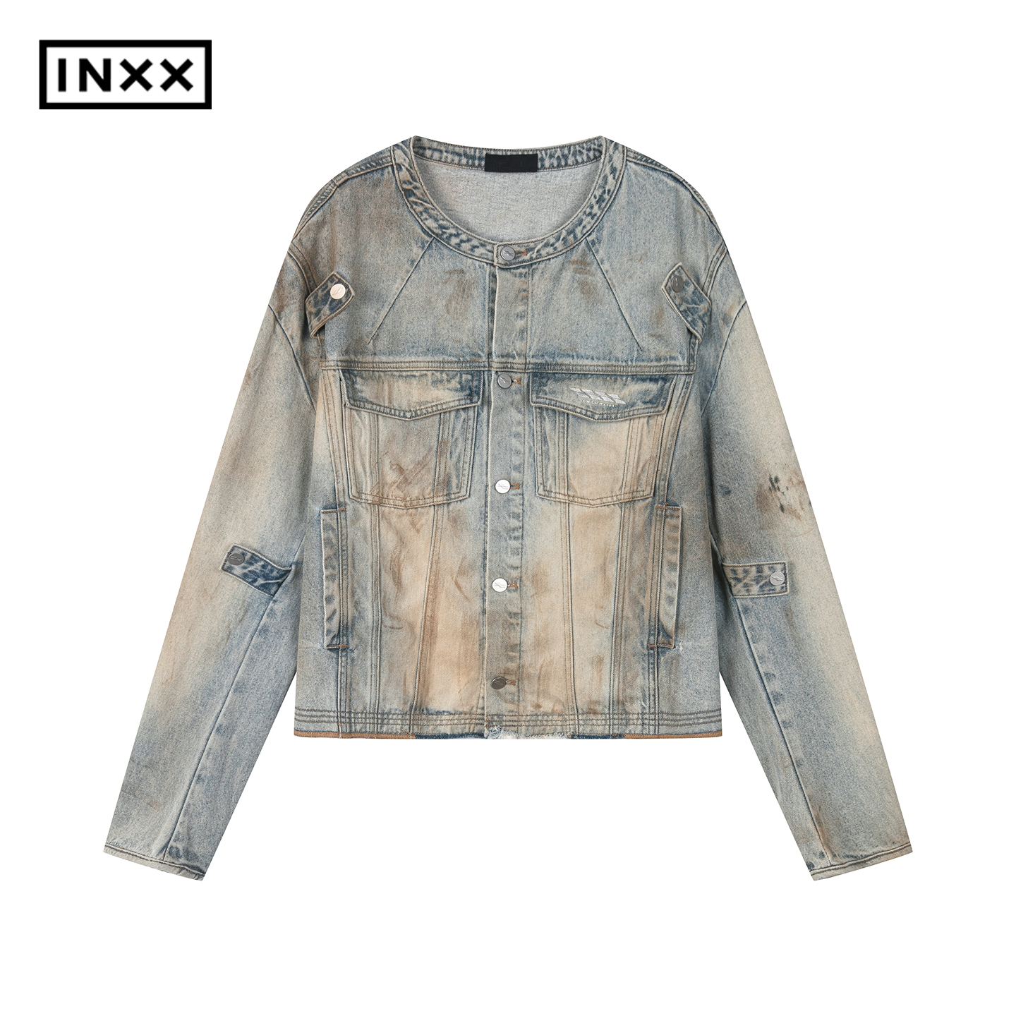 INXX街头风擦色洗褪牛仔外套结构拼接夹克男女同款XBF3141171
