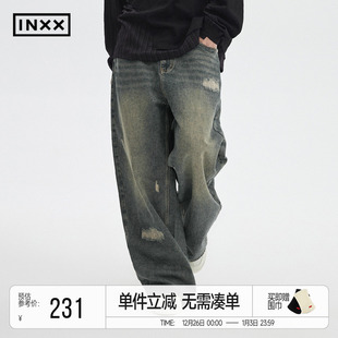 男复古怀旧水洗直筒长裤 Standby不规则破洞牛仔裤 INXX 明星同款