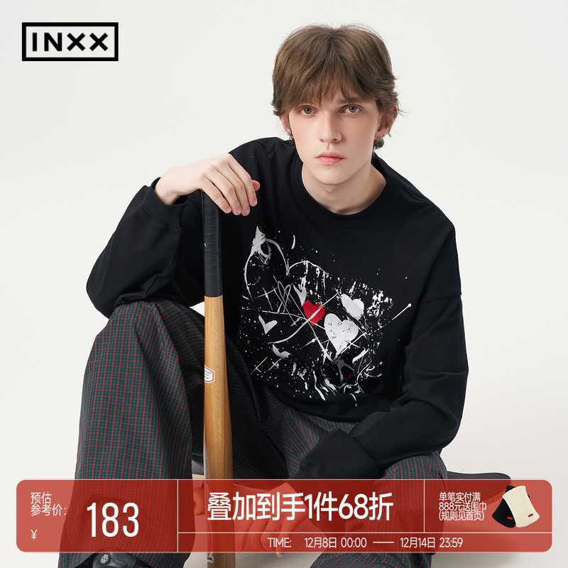 INXX美式休闲风落肩袖T恤男女同款水墨涂鸦宽松圆领上衣情侣