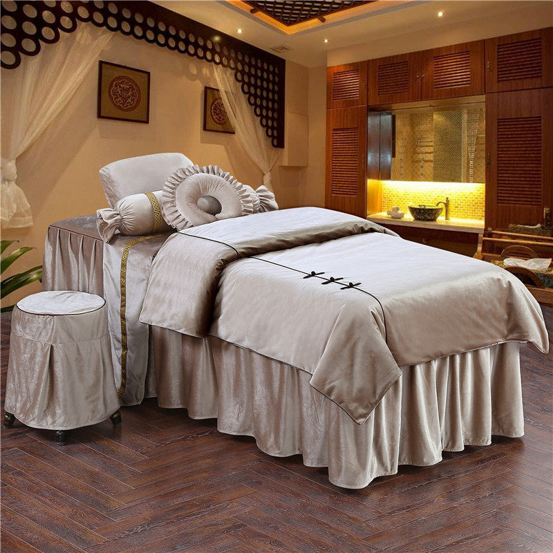 若比邻美容床罩四件套按摩纹绣床套美容院四件套中式床罩定做方头