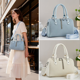 编织纹理波士顿包女百搭手提单肩包大容量斜挎包简约大气时尚流行