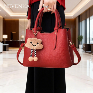 红色手提包女大容量托特包可爱挂件装饰大包款婚包新娘包平时可用