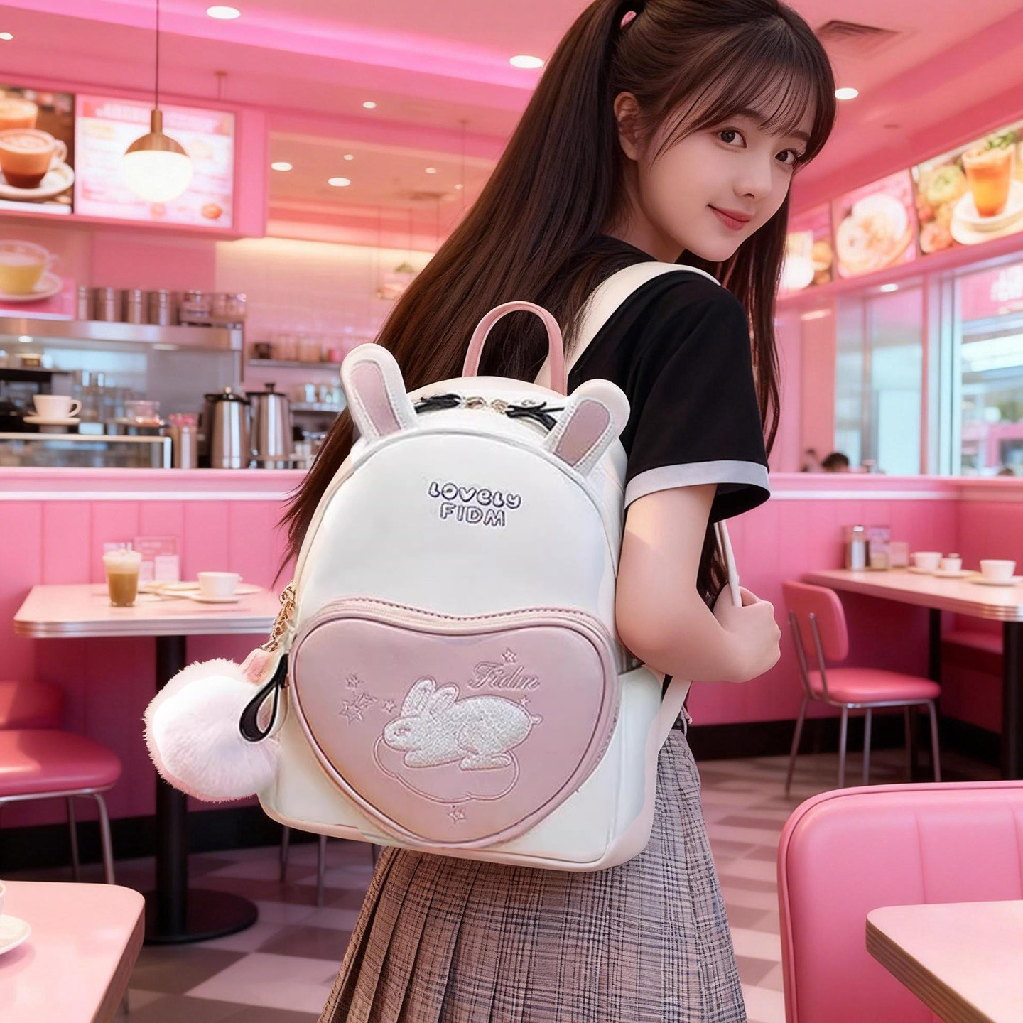 可爱卡通风双肩校园青年兔子2025新款皮质包女少女学生背包小背包