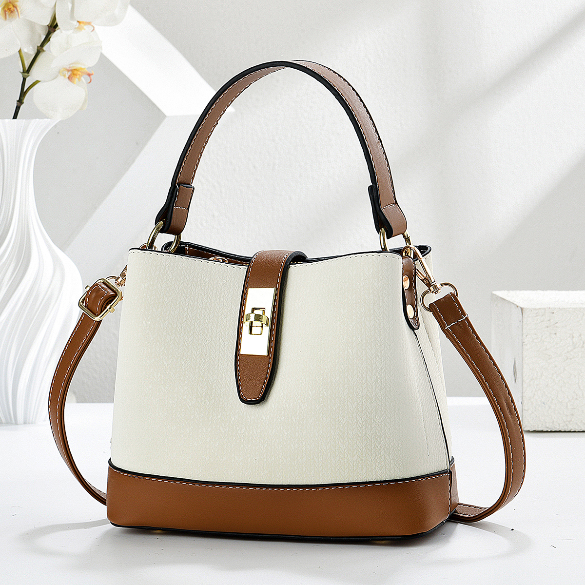 简约撞色水桶包大容量托特包