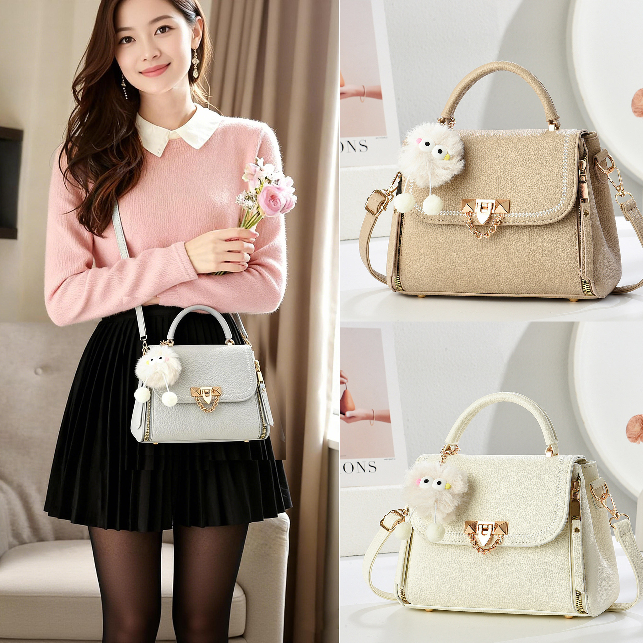 时尚百搭小方包女高级质感手提单肩斜挎包毛球单肩包2026春季新款,箱包皮具/热销女包/男包,小方包,淘宝优惠券,粉丝福利购,淘宝优惠卷