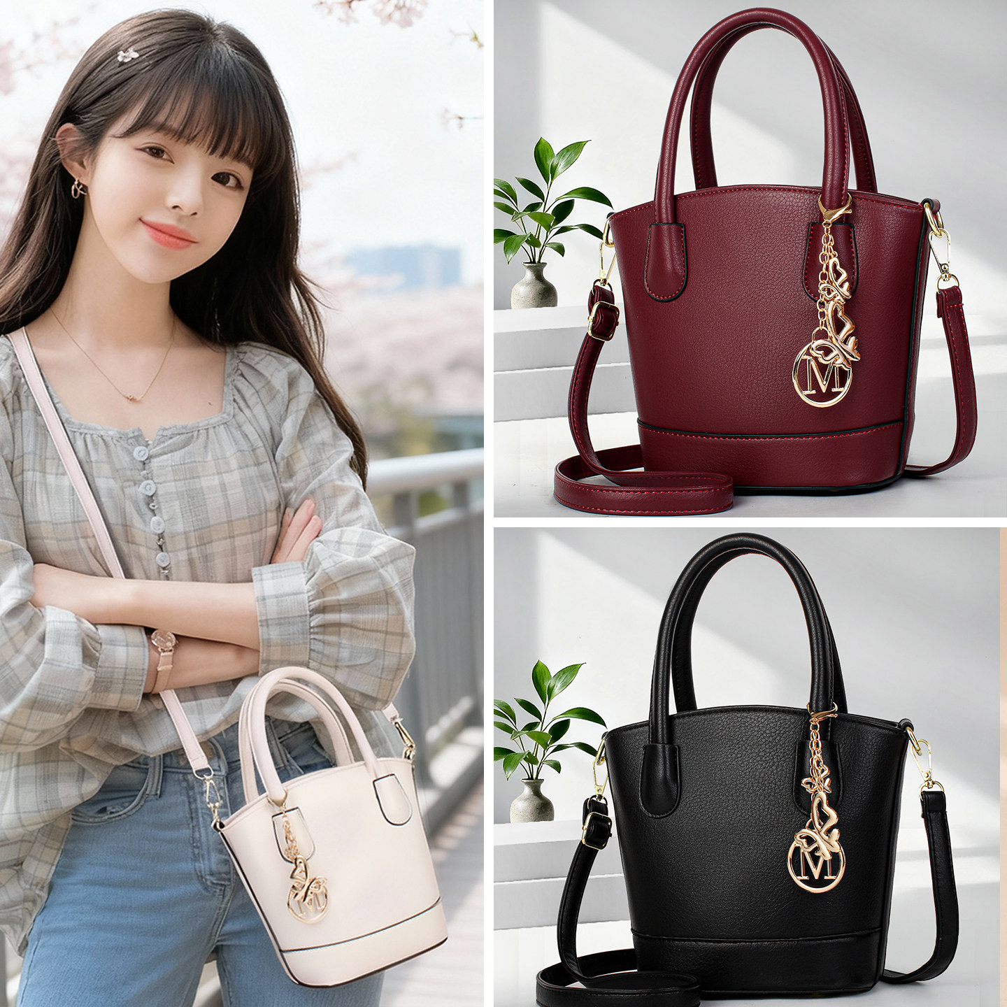 高级感黑色2025新款油蜡皮水桶包女复古单肩斜挎包ins流行女包