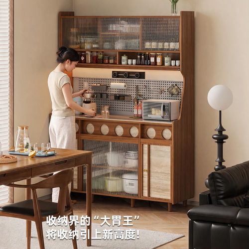 骨骼线餐边柜靠墙一体柜子洞石岩板中古风储物柜客厅置物柜茶水柜