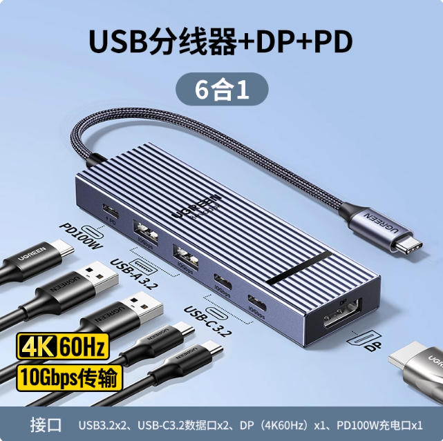 鳍纹绿联75244拓展坞Type-C转DP+2U3.2+2c3.2+PD供电六合一CM818