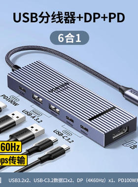 鳍纹绿联75244拓展坞Type-C转DP+2U3.2+2c3.2+PD供电六合一CM818