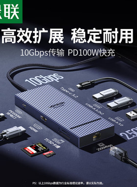 绿联55543拓展坞九合一HDMI+U3.2+c3.2+SD+TF+2.5G网卡+pd-CM886