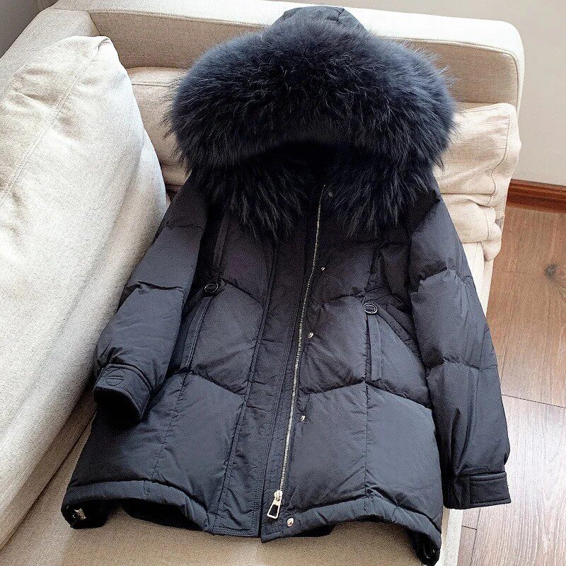 断码甩货2025新款休闲白鸭绒貉子毛领连帽宽松羽绒服女款