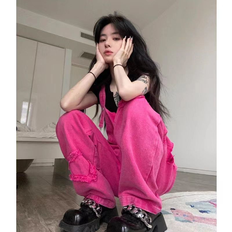 外贸火龙果色。背带2022秋冬长款宽松。休闲。牛仔裤。女。