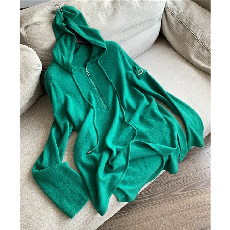 撤柜甩货翠绿色380克重2023纯山羊绒连帽休闲针织衫卫衣款毛衣