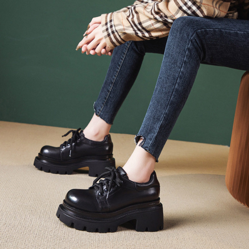 2026新款头层牛皮厚底圆头小皮鞋女绑带四季休闲单鞋松糕跟乐福鞋