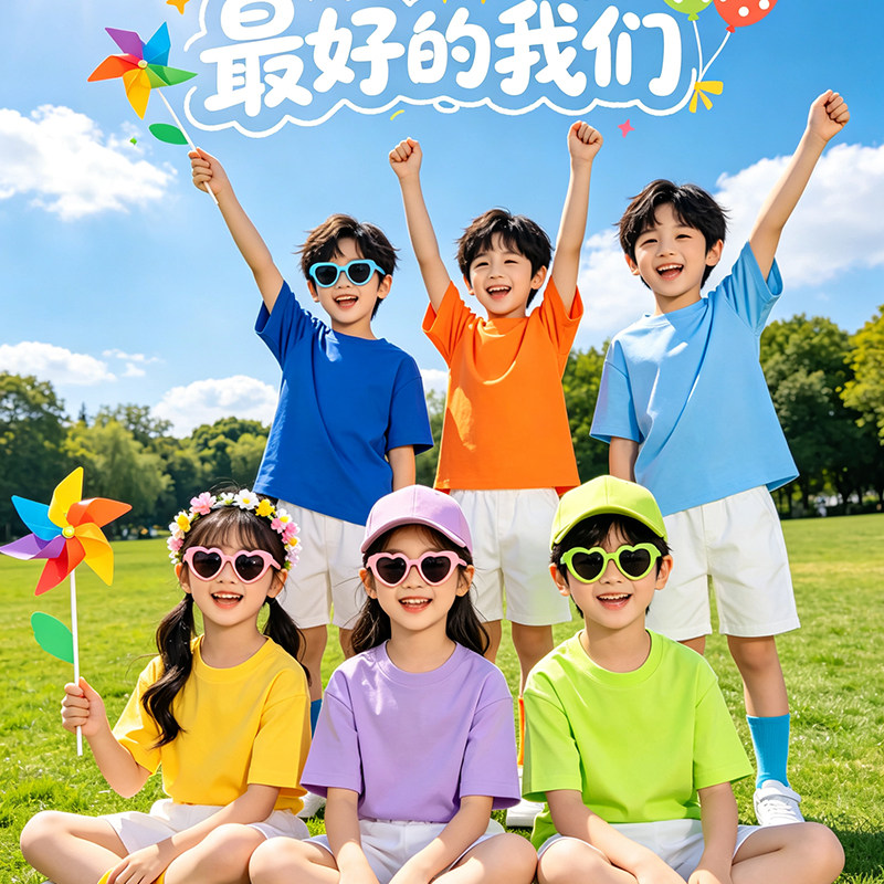 儿童彩色t恤小学生毕业班服糖果色演出短袖幼儿园亲子运动会套装