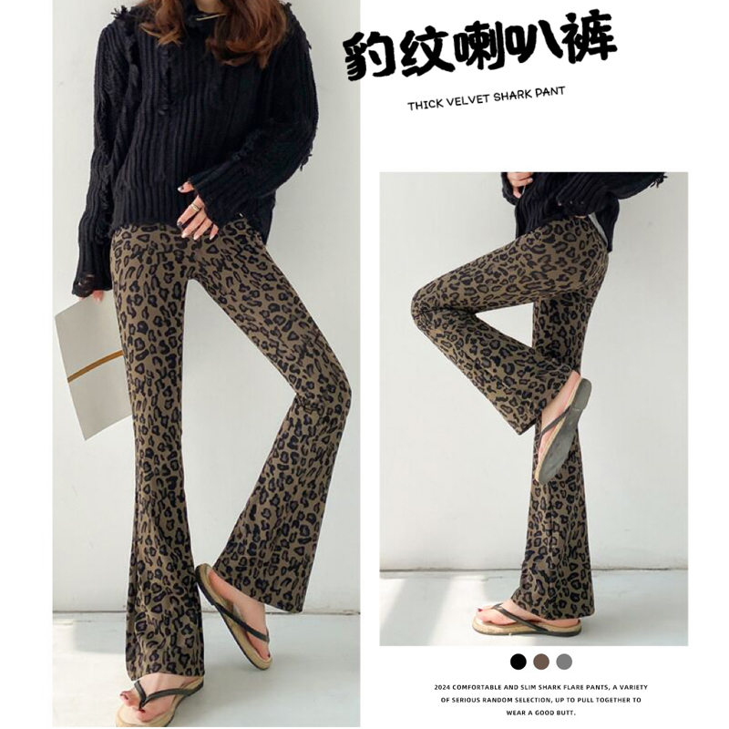 薄款豹纹喇叭裤女高腰显瘦阔腿裤