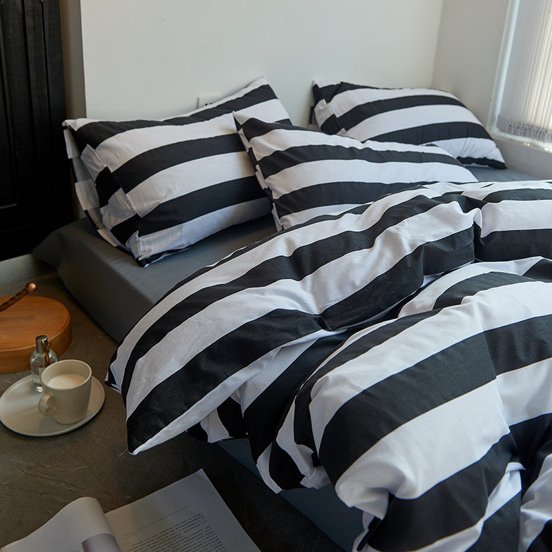 简约北欧风黑白条纹四件套全棉纯棉被套床单床笠款三件套床上用品