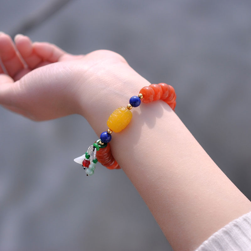 취한 루즈. 회문 오래된 토파즈 청금석 경옥 다중 보물 팔찌와 천연 LIANGSHAN NANHONG 체리 레드 팔찌