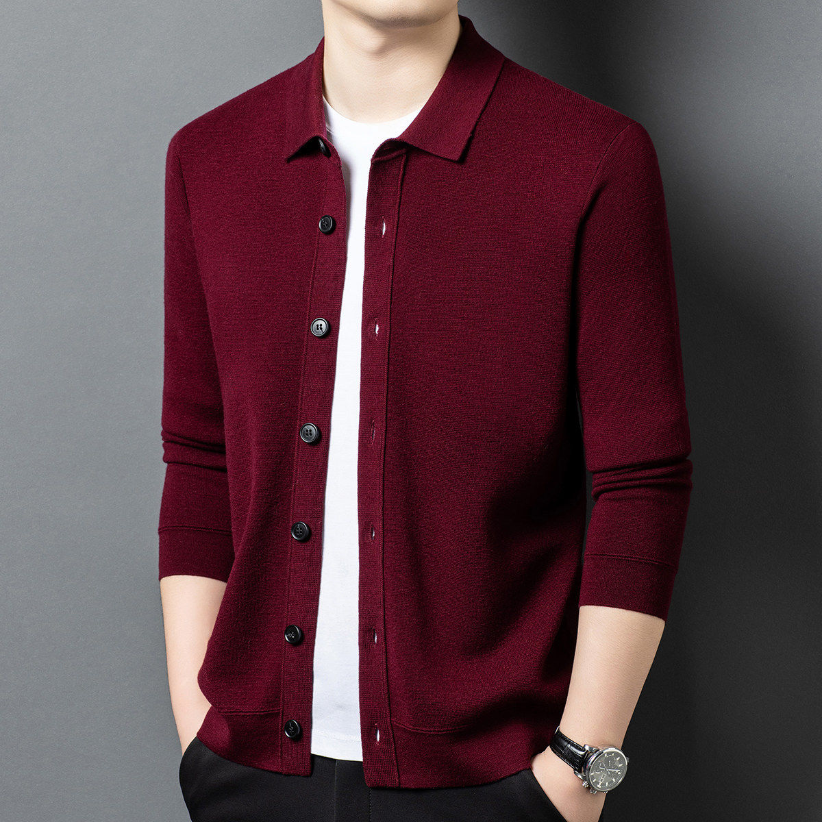 恒源祥新款羊毛衫男秋冬开衫翻领薄款精仿羊绒衫男士爸爸毛衣外套