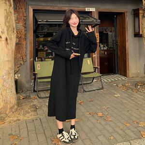 黑色连帽卫衣连衣裙女春季2025新款学院风慵懒松弛感显瘦减龄长裙图片