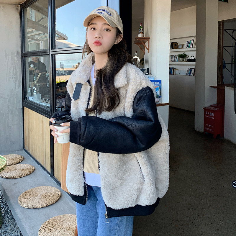【数据好现货】撞色羊羔毛机车外套2405P185K278,女装短外套,Mushroom