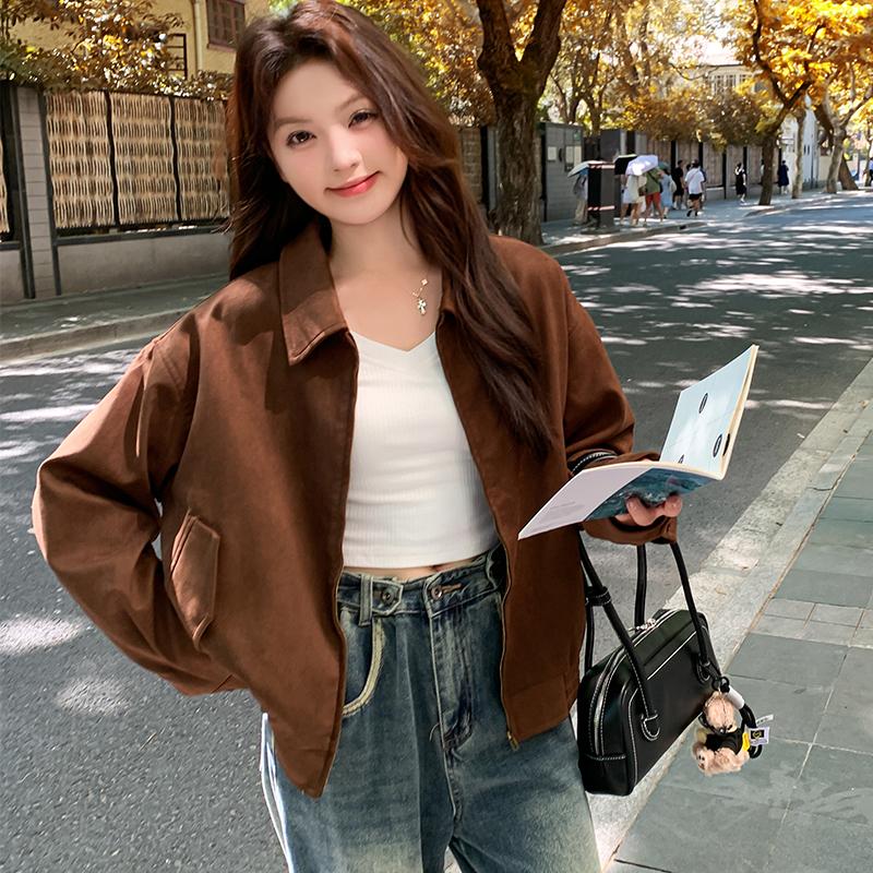 独特超好看棕色短款麂皮绒外套女春秋2025新款美式高级感炸街夹克,女装短外套,Mushroom
