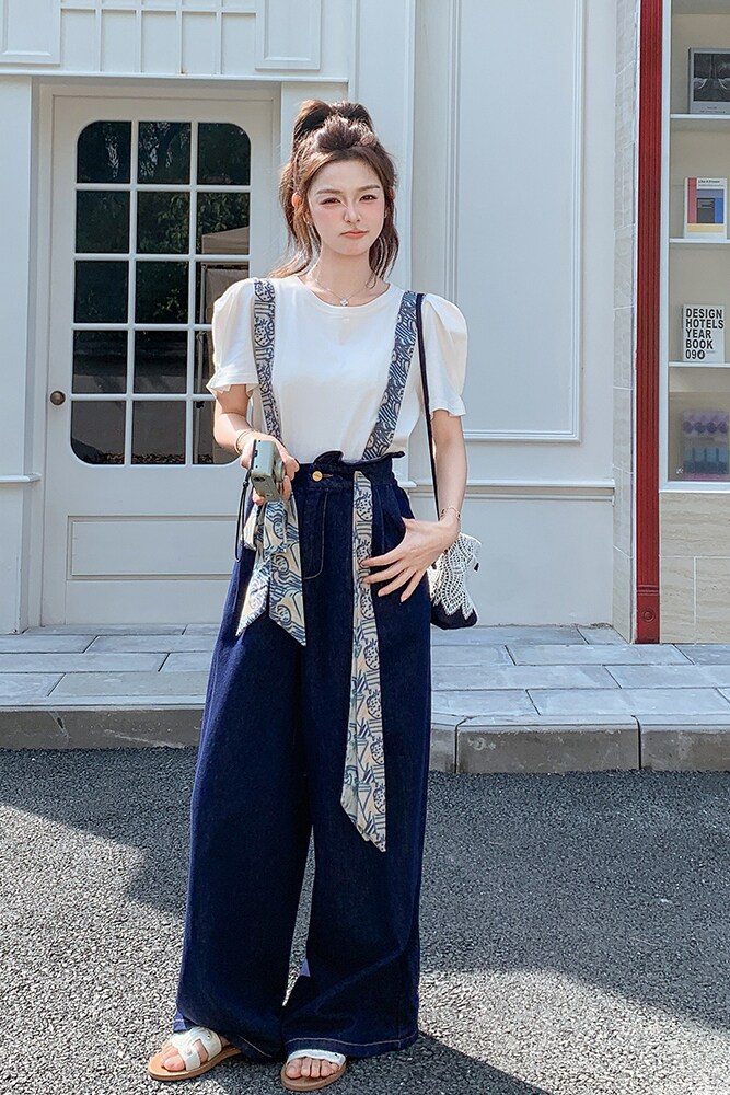 设计感印花牛仔背带裤女2025年夏季新款俏皮减龄小个子直筒阔腿裤,女装连体裤,Mushroom